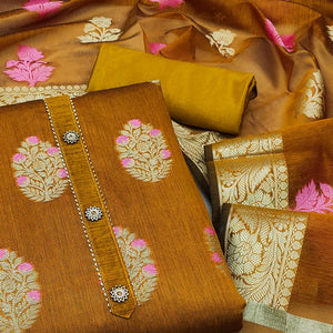 Mustard Floral Woven Banarasi Silk Dress Material