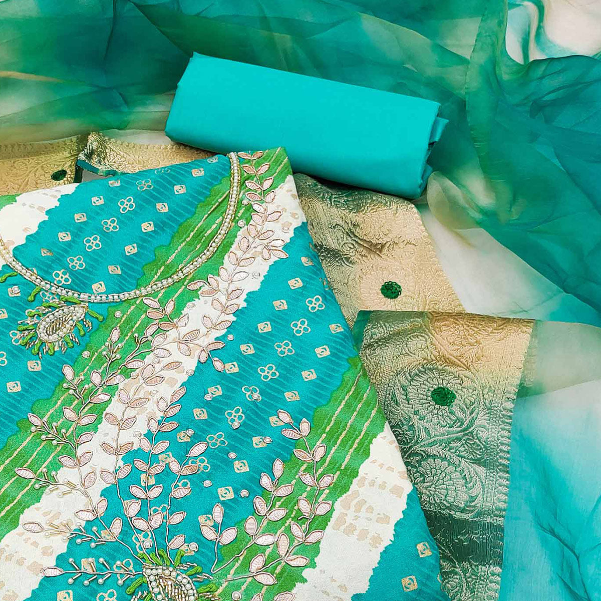 Blue Printed With Handwork Pure Cotton Dress Material