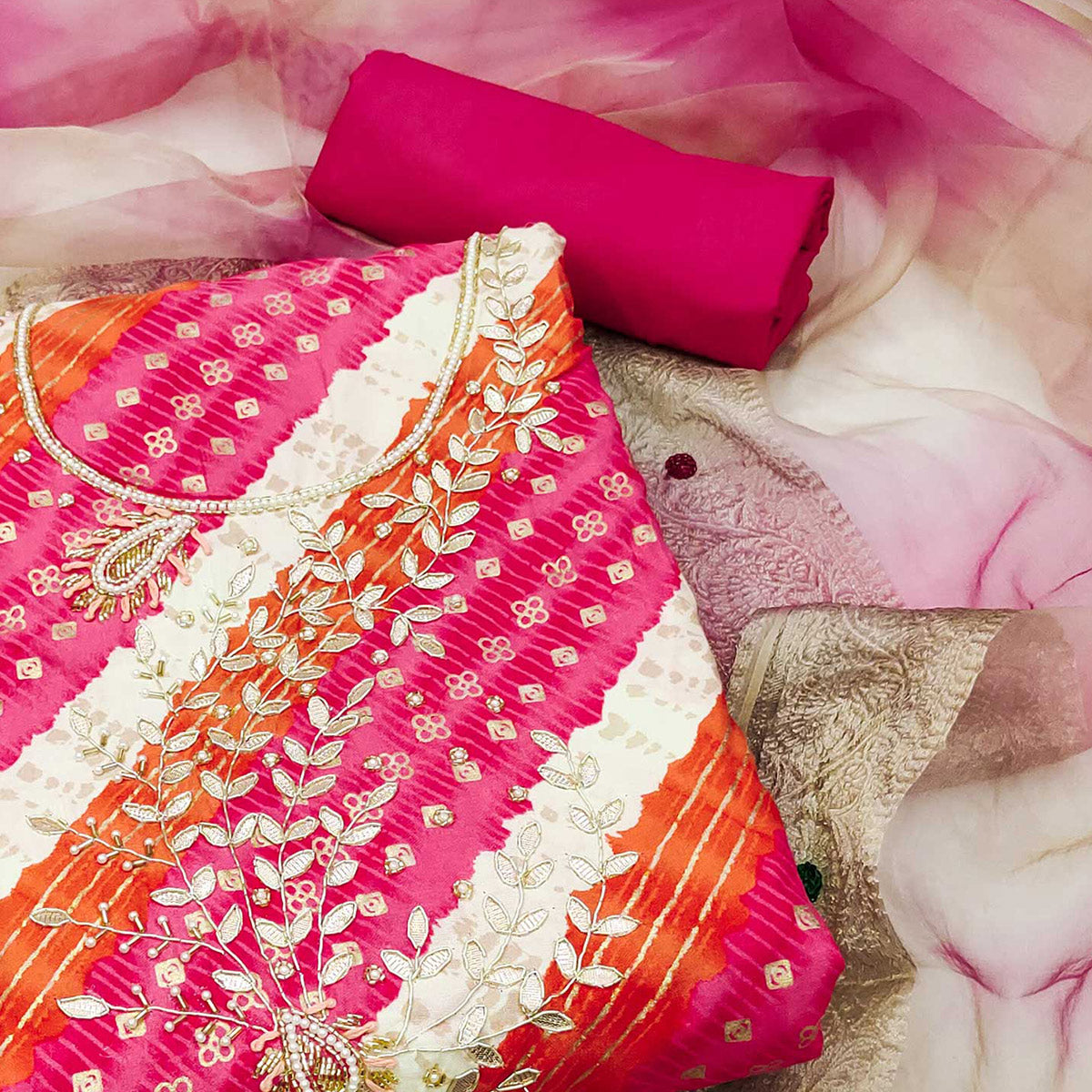 Pink Printed With Handwork Pure Cotton Dress Material