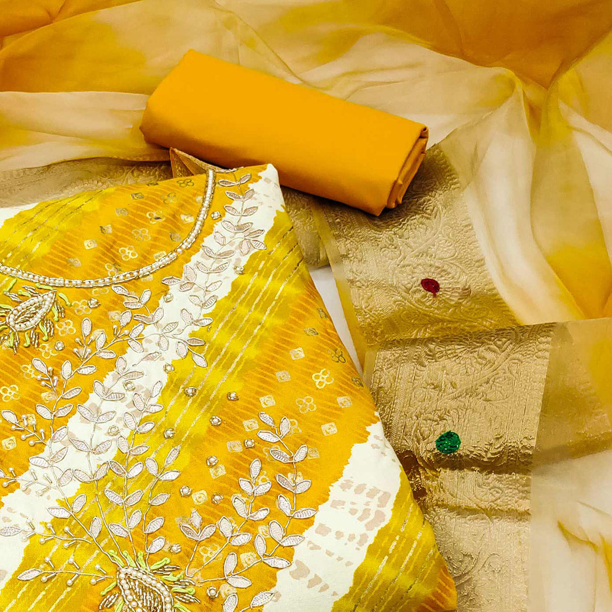 Yellow Printed With Handwork Pure Cotton Dress Material