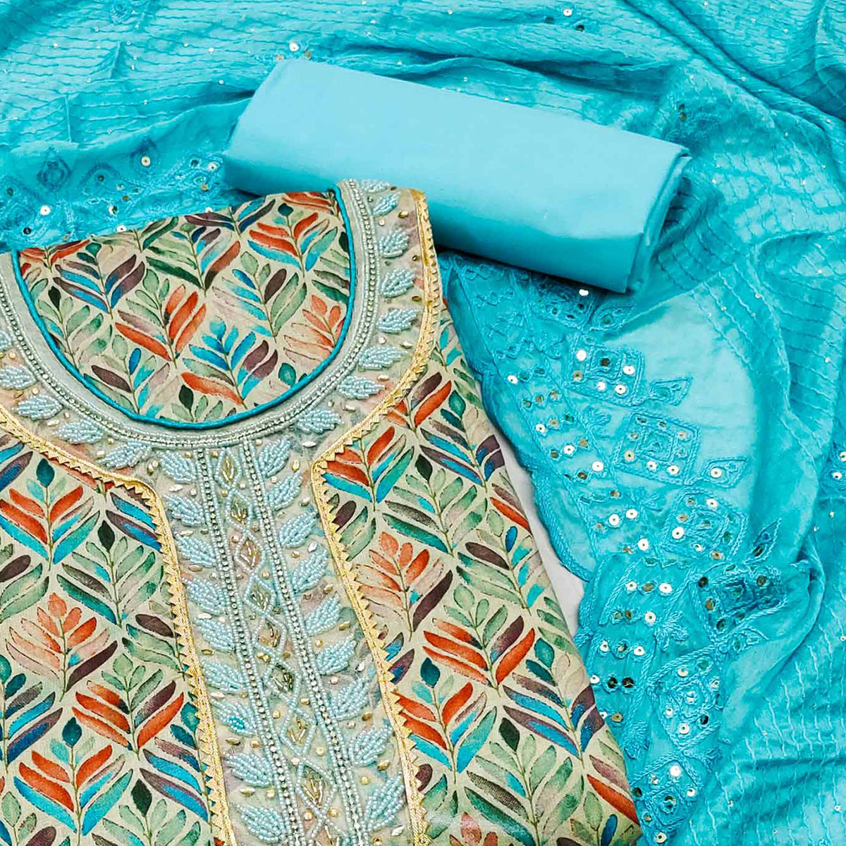 Chikoo & Blue Printed With Handwork Pure Cotton Dress Material