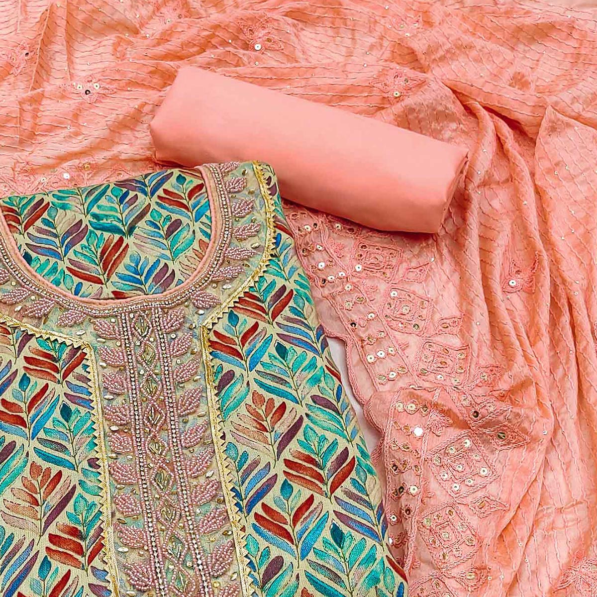Chikoo & Peach Printed With Handwork Pure Cotton Dress Material