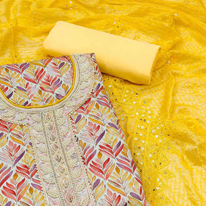 Chikoo & Yellow Printed With Handwork Pure Cotton Dress Material