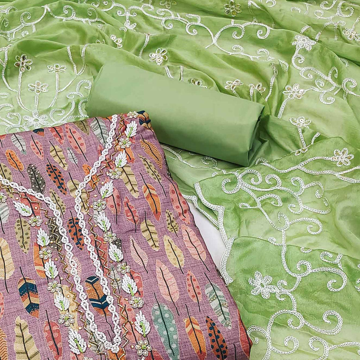 Purple Printed With Handwork Pure Cotton Dress Material