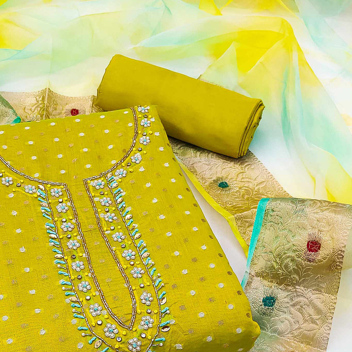 Green Woven With Handwork Modal Dress Material