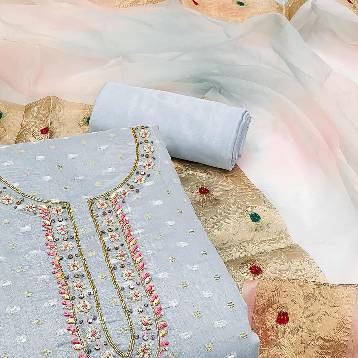 Grey Woven With Handwork Modal Dress Material