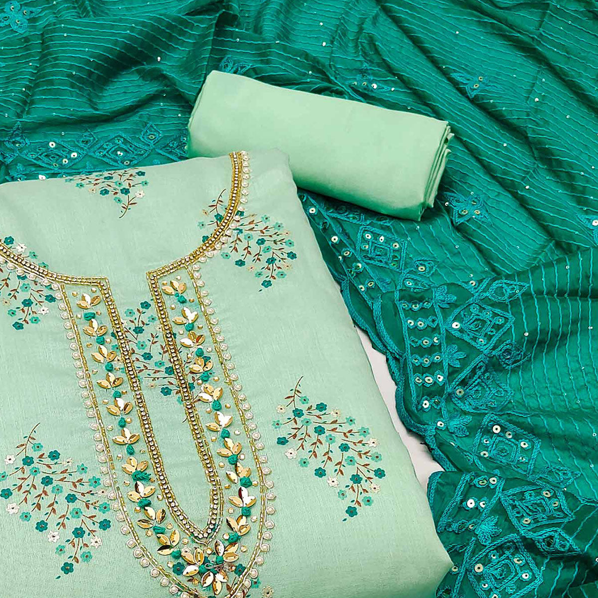 Green Printed With Handwork Modal Dress Material