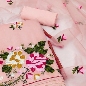 Peach Floral Embroidered Modal Dress Material