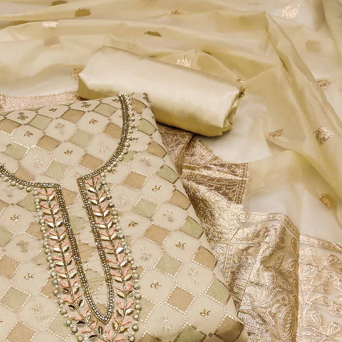 Beige Printed With Handwork Modal Dress Material