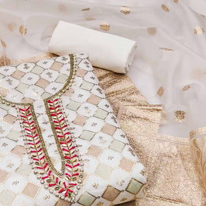 White Printed With Handwork Modal Dress Material