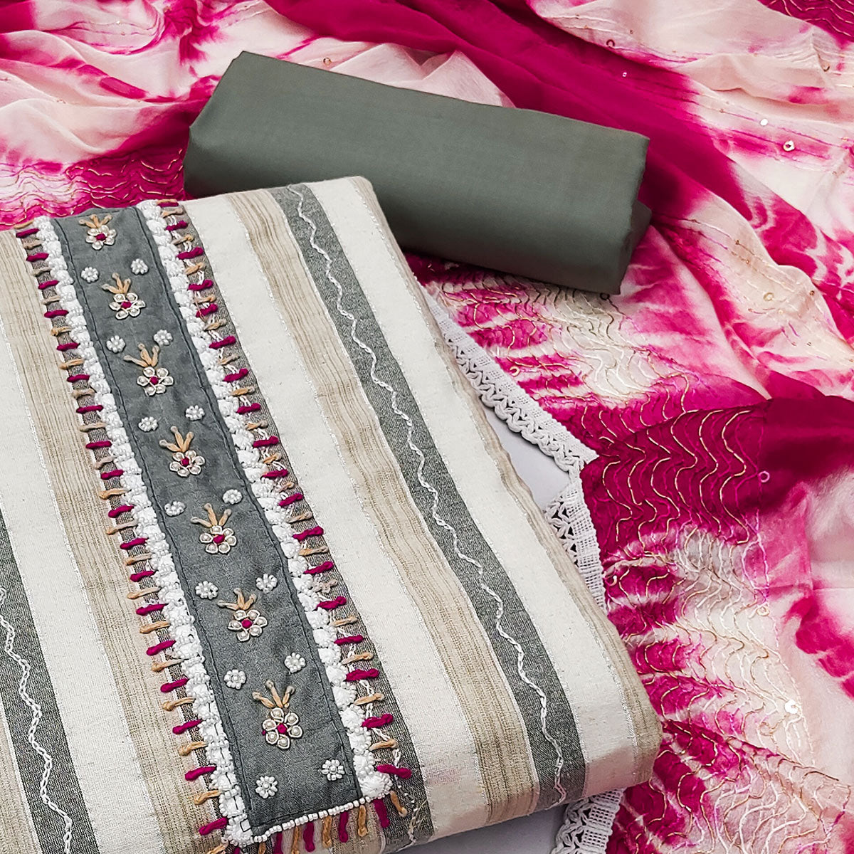 Cream & Pink Embroidered With Handwork Pure Cotton Dress Material
