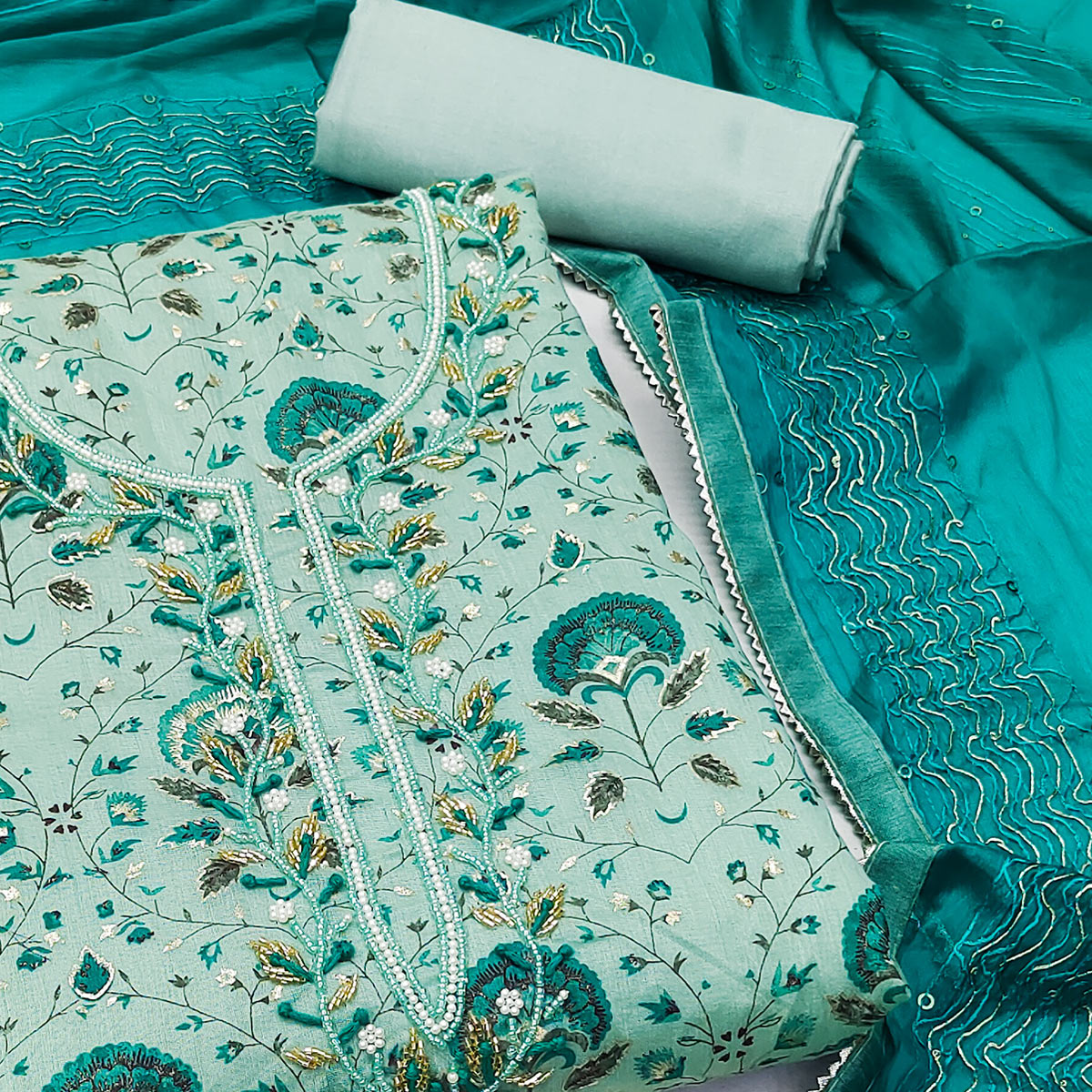 Turquoise Printed With Handwork Modal Dress Material