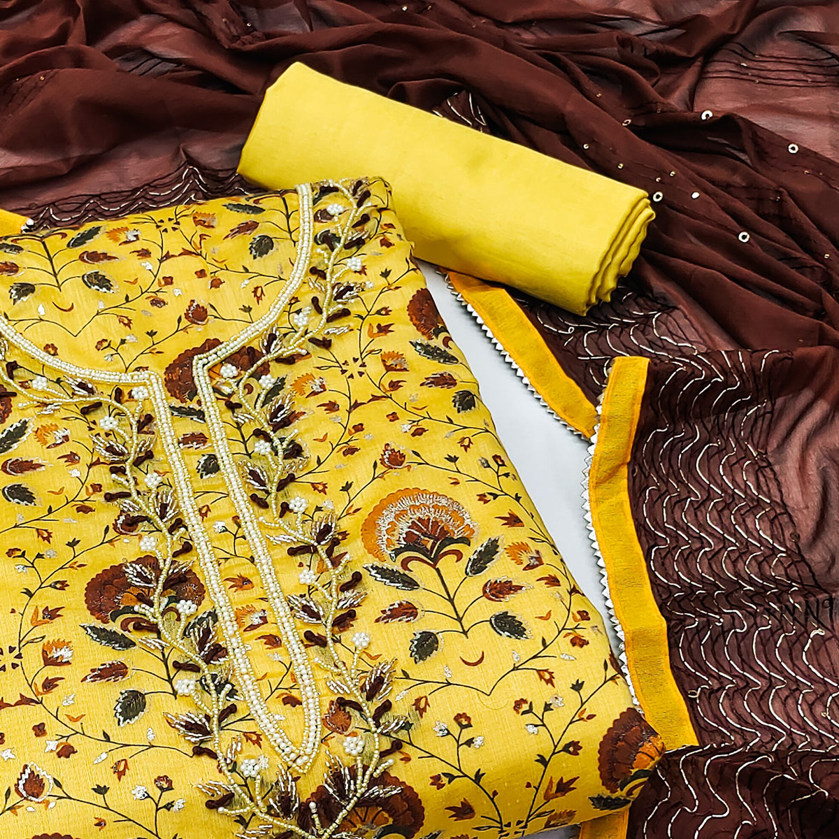 Yellow Printed With Handwork Modal Dress Material
