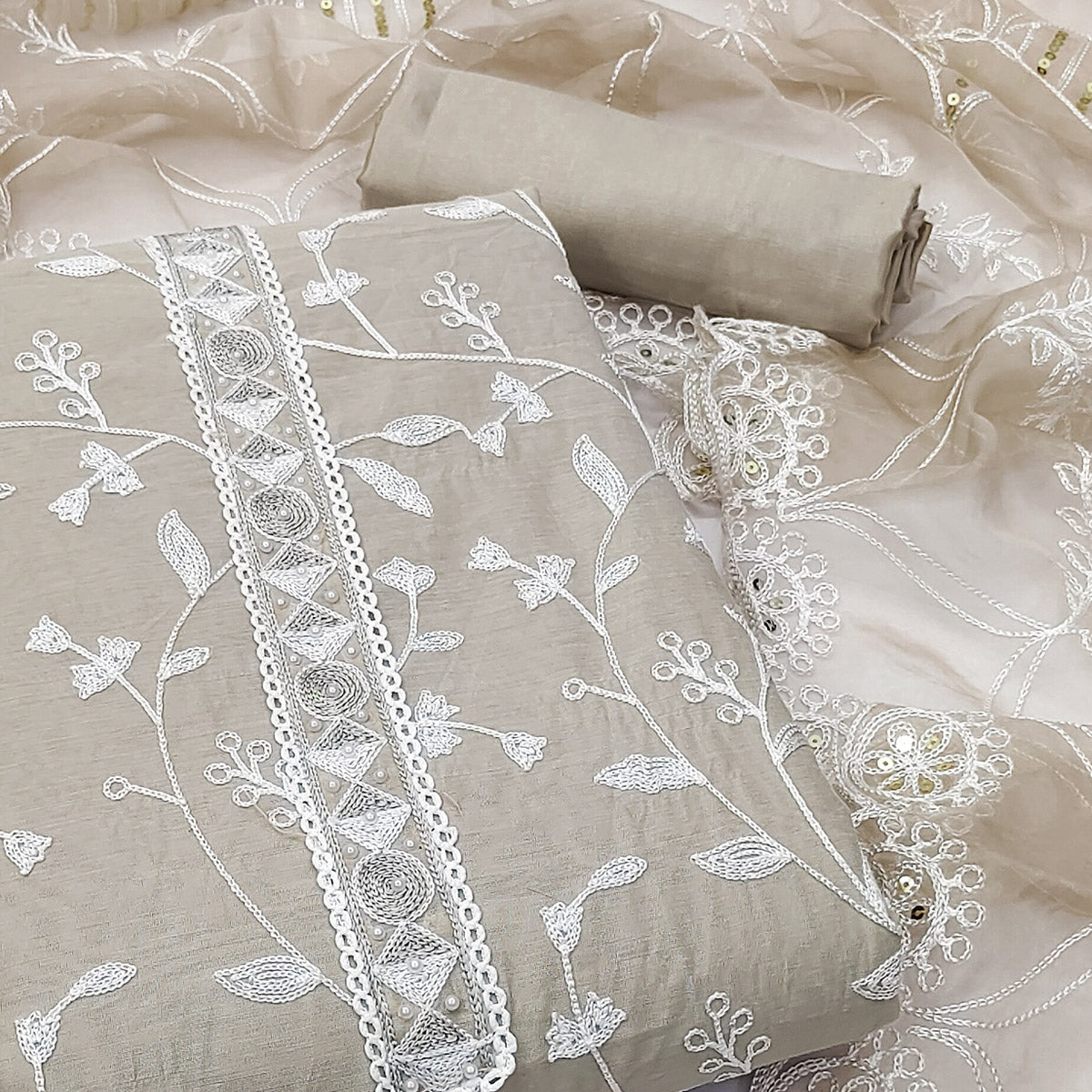 Beige Floral Embroidered Modal Dress Material