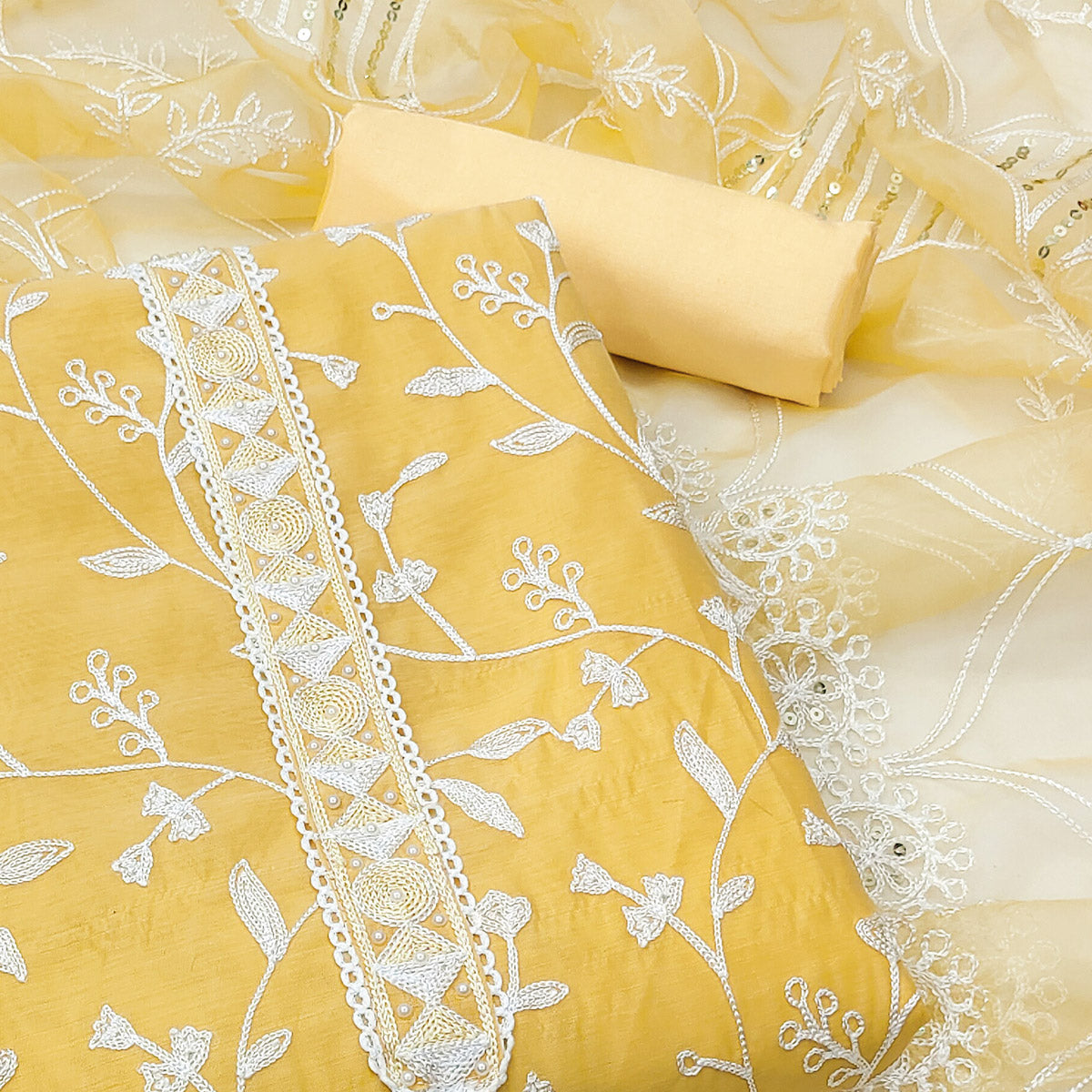 Yellow Floral Embroidered Modal Dress Material
