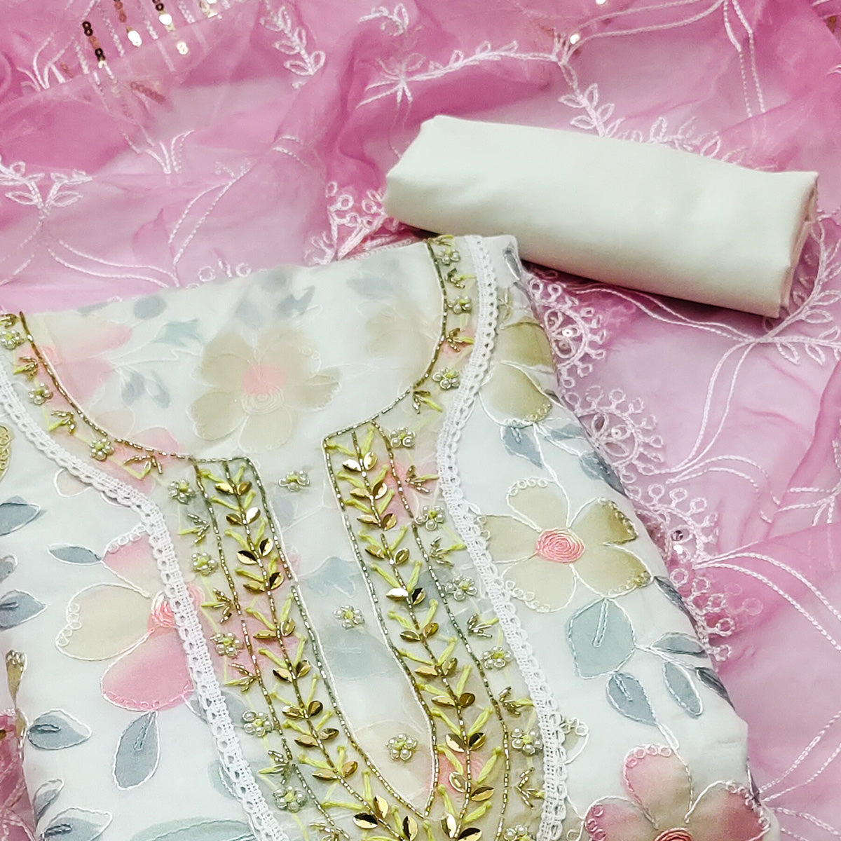 White Printed With Handwork Organza Dress Material