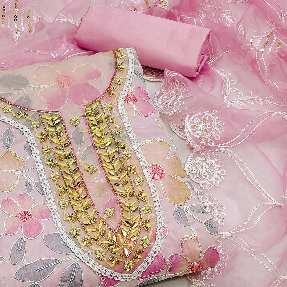 Pink Printed With Handwork Organza Dress Material