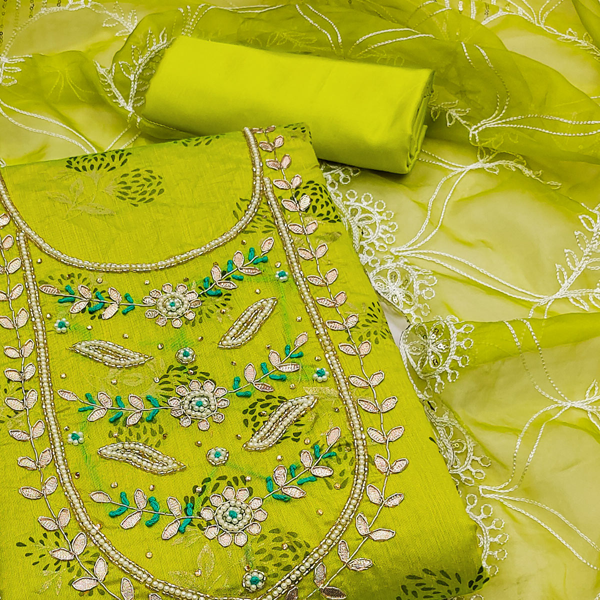 Green Floral Printed Handwork Modal Dress Material