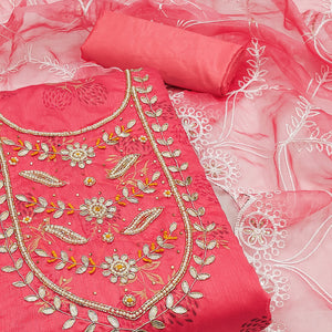 Pink Floral Printed Handwork Modal Dress Material