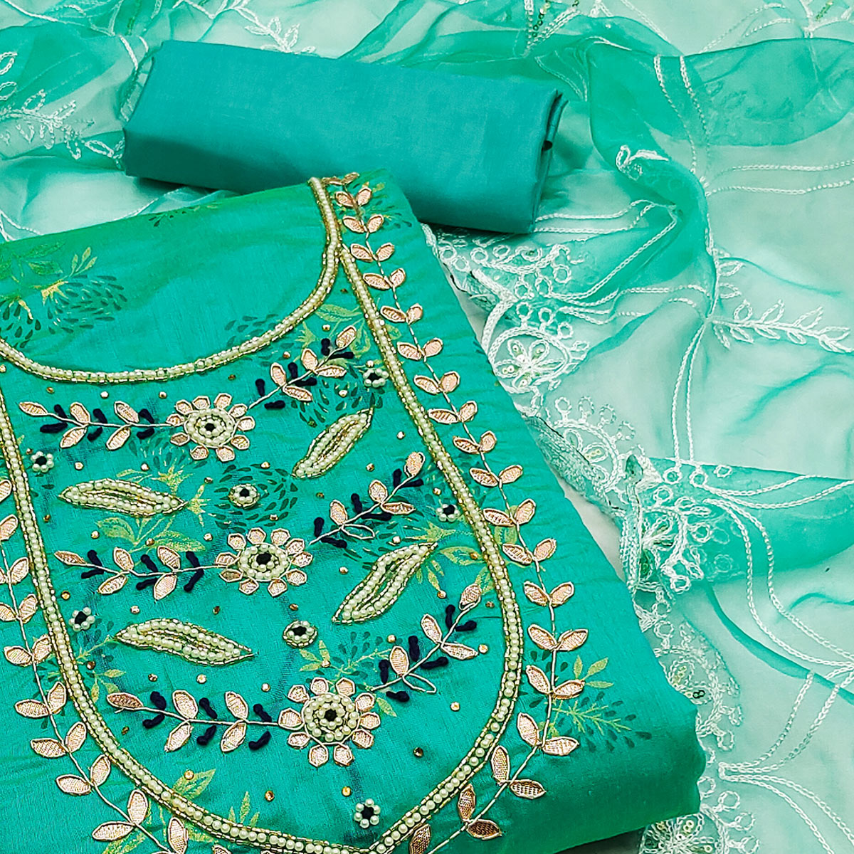 Rama Green Floral Printed Handwork Modal Dress Material