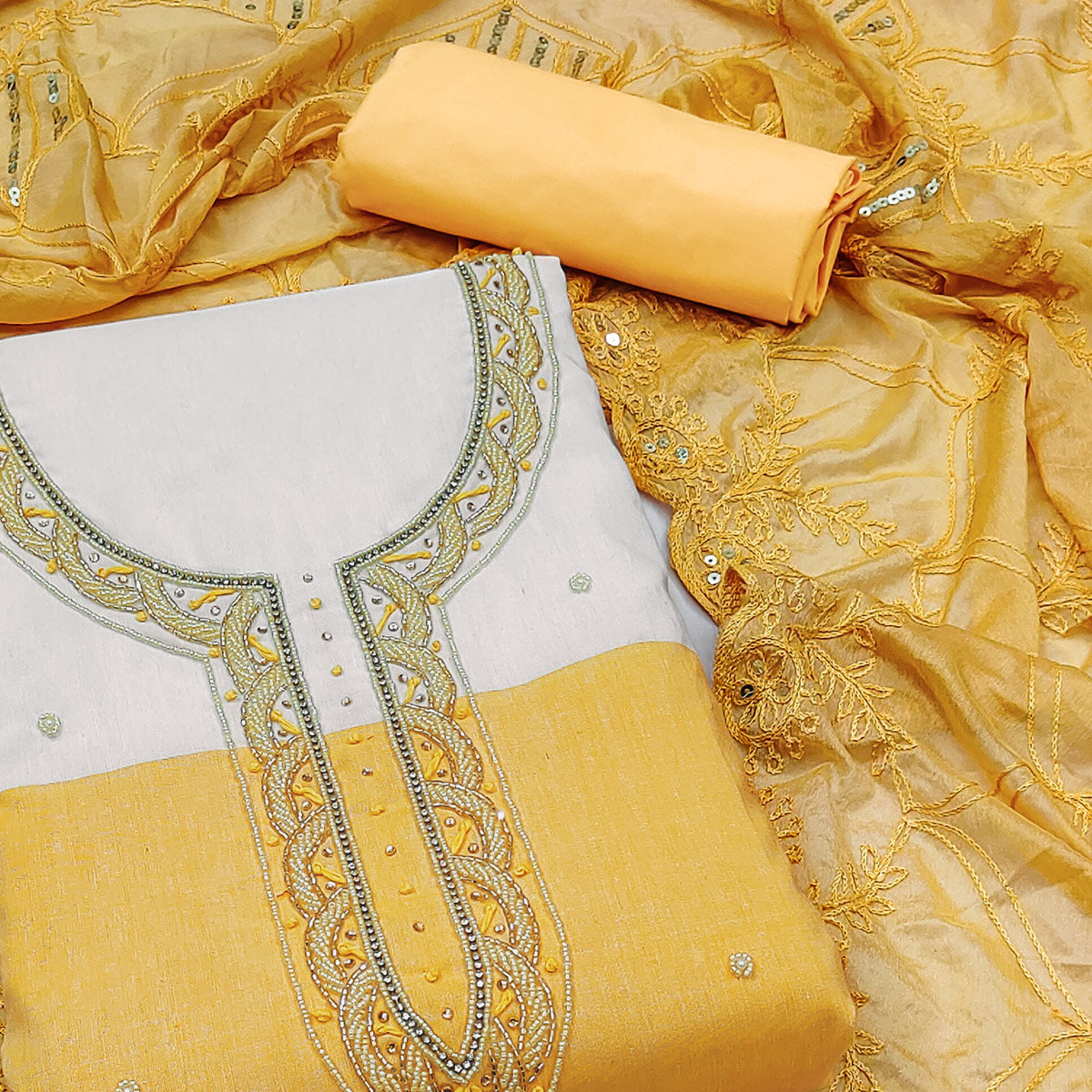 Yellow Printed Handwork Pure Cotton Dress Material
