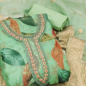 Green Digital Printed With Handwork Organza Dress Material