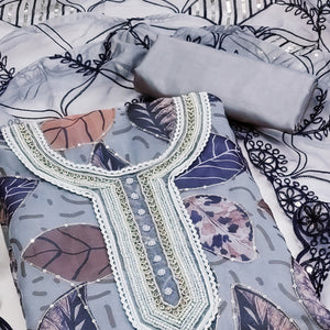 Grey Printed Organza Dress Material