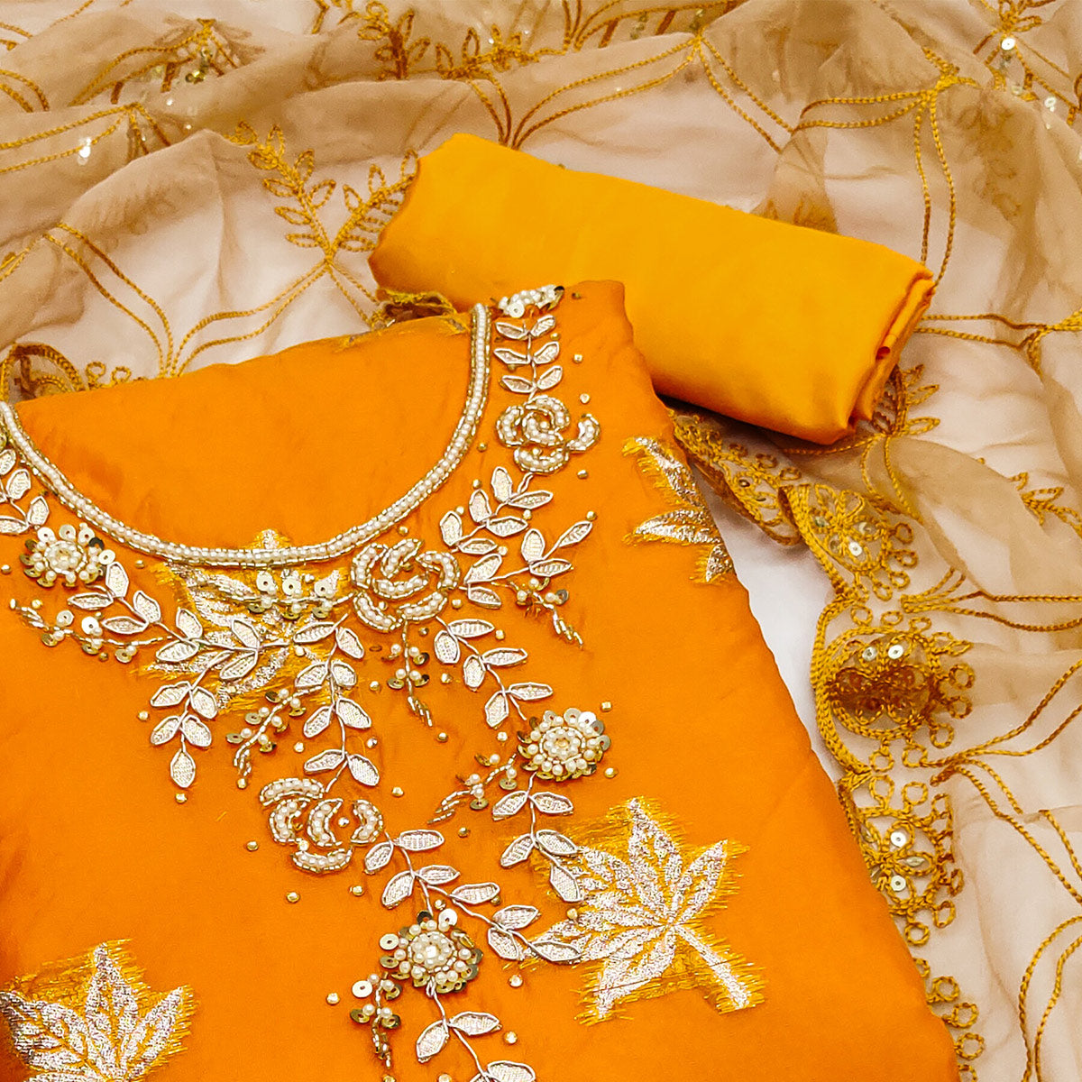 Orange Woven Organza Dress Material