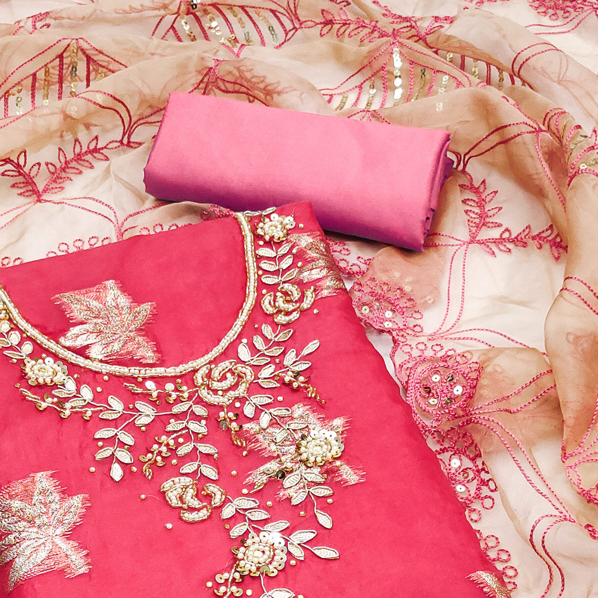 Pink Woven Organza Dress Material