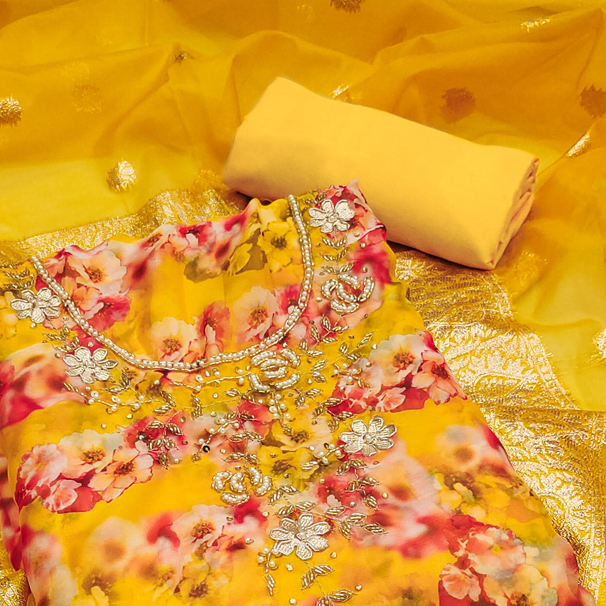 Yellow Floral Printed Organza Dress Material