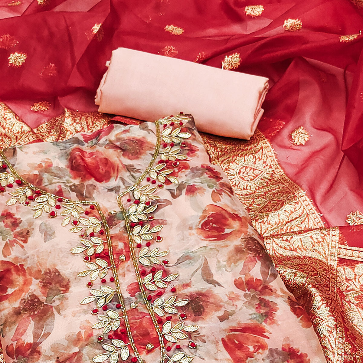 Light Peach Floral Printed Organza Dress Material