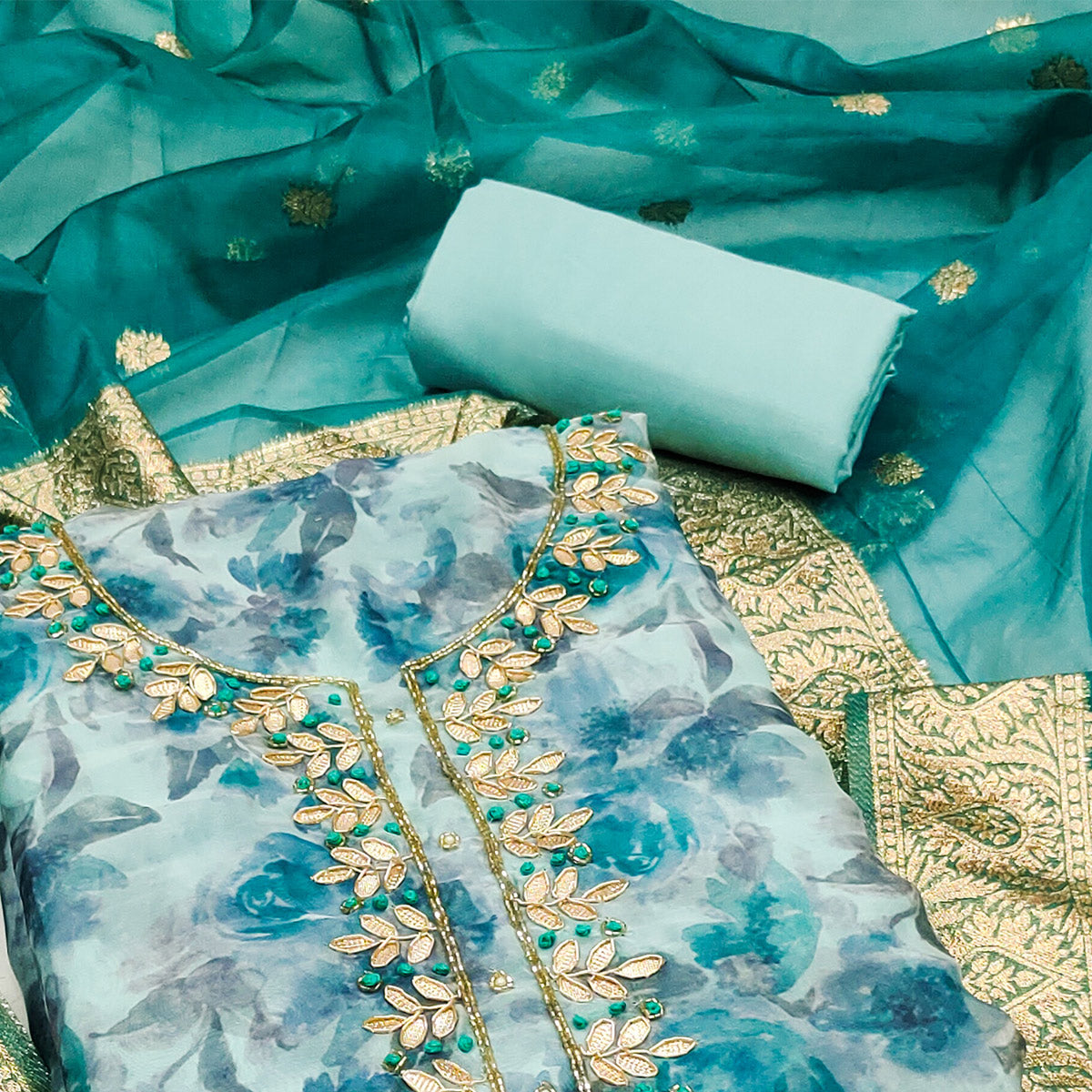 Light Turquoise Floral Printed Organza Dress Material