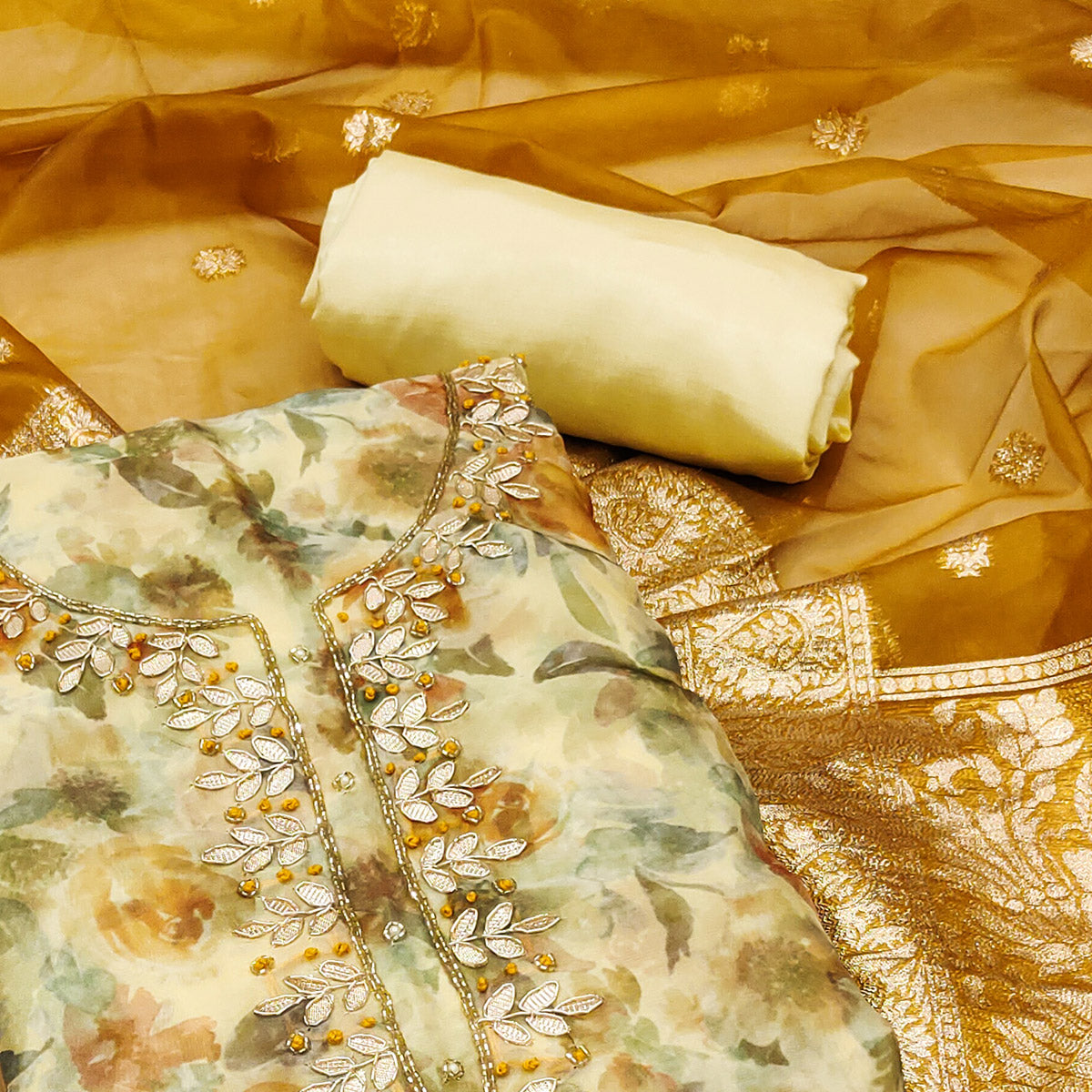 Light Yellow Floral Printed Organza Dress Material