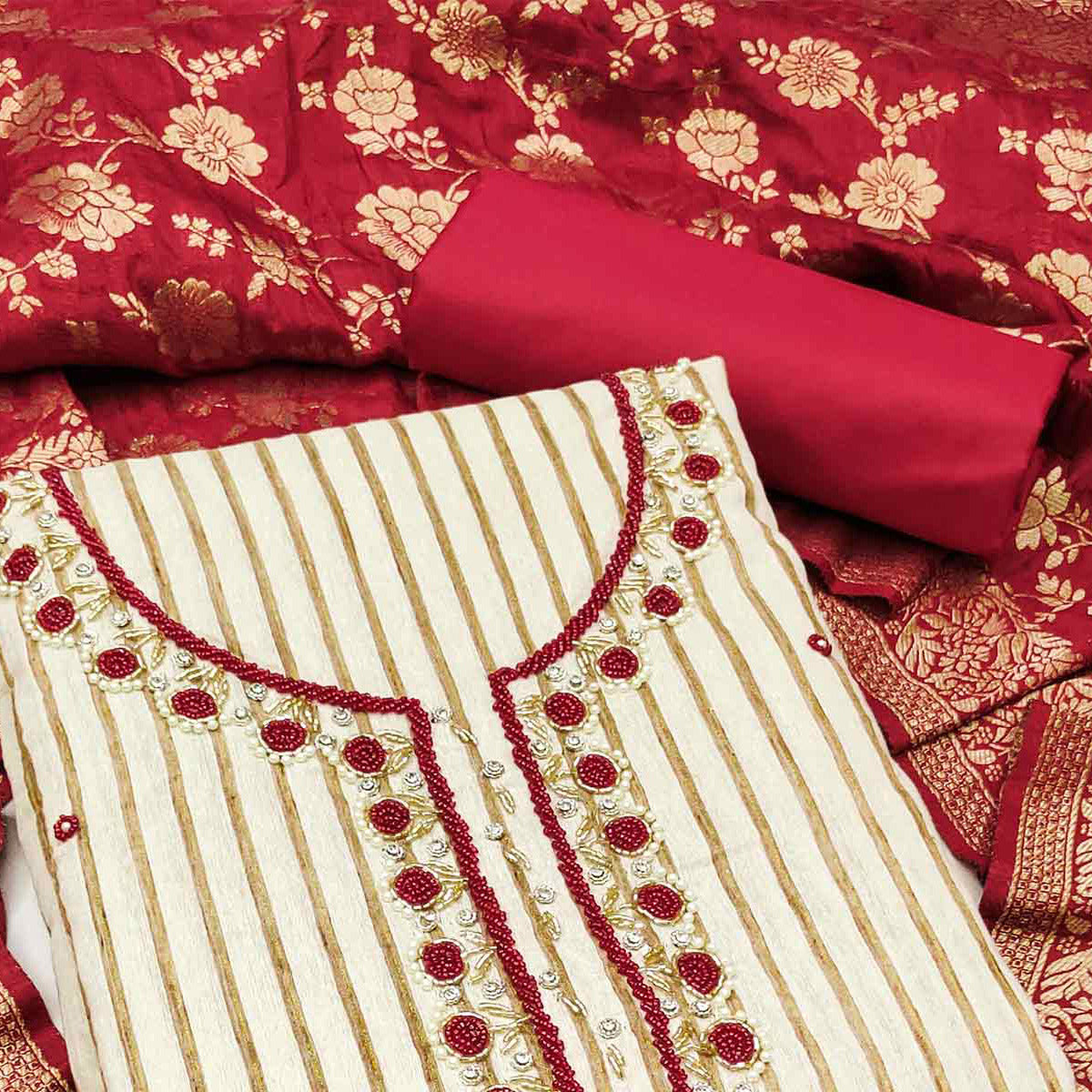 Beige & Red Woven Pure Cotton Dress Material