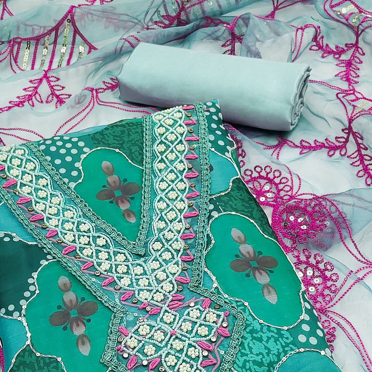 Turquoise Floral Printed Organza Dress Material