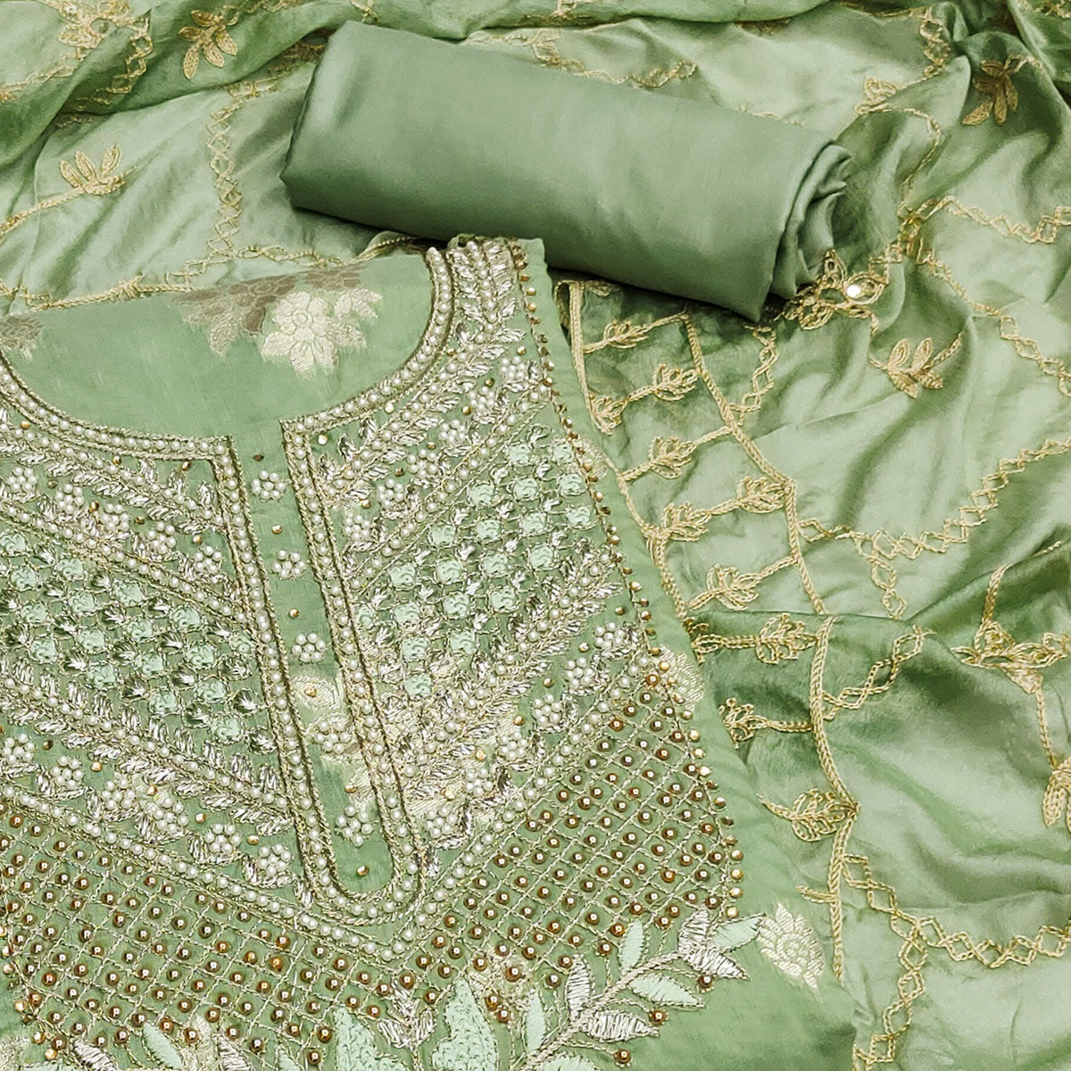 Green Embroidered Chanderi Silk Dress Material