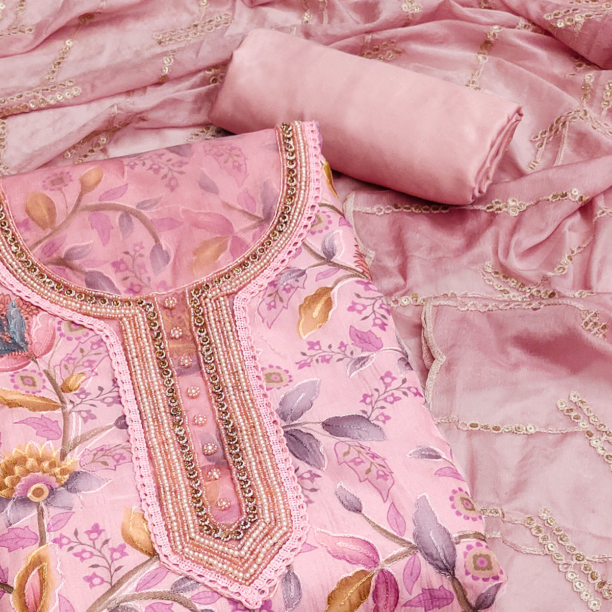 Peach Floral Printed Organza Dress Material