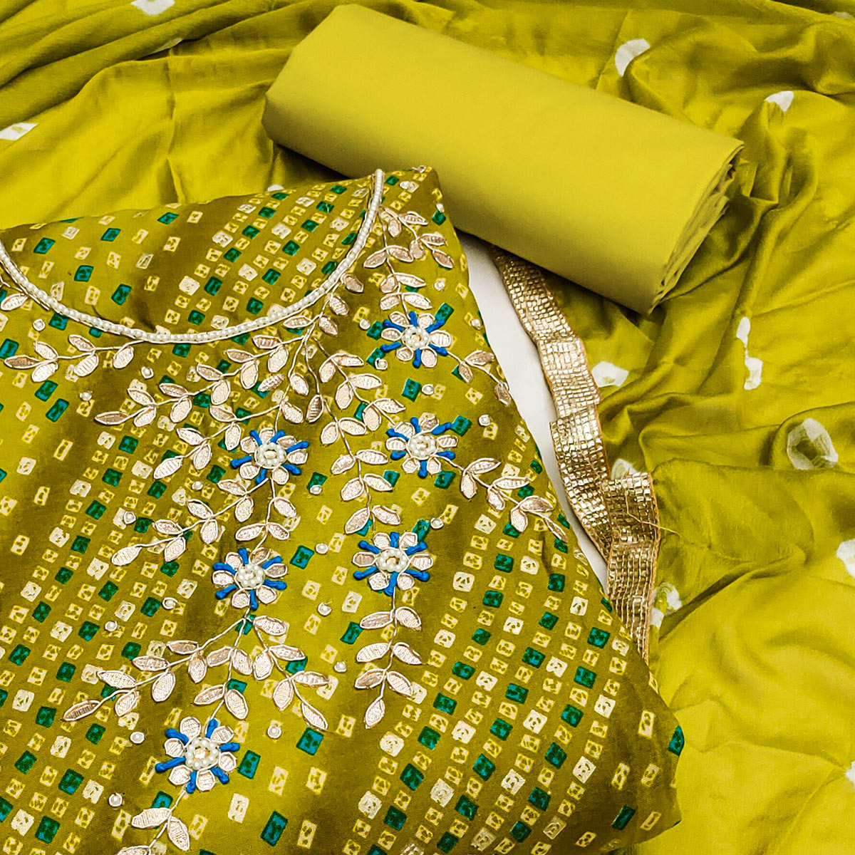 Green Bandhani Printed Cotton Dress Material