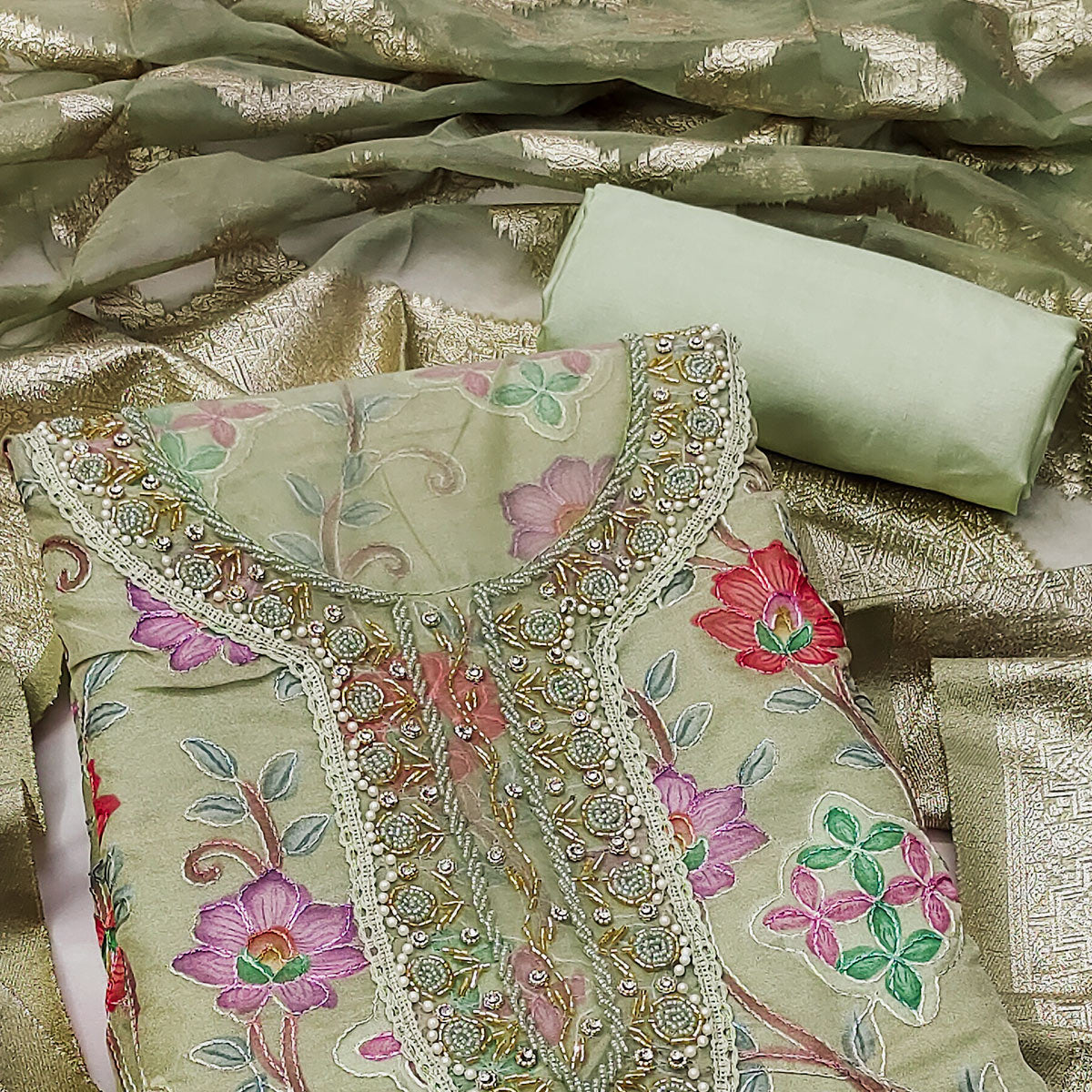 Green Floral Printed Organza Dress Material