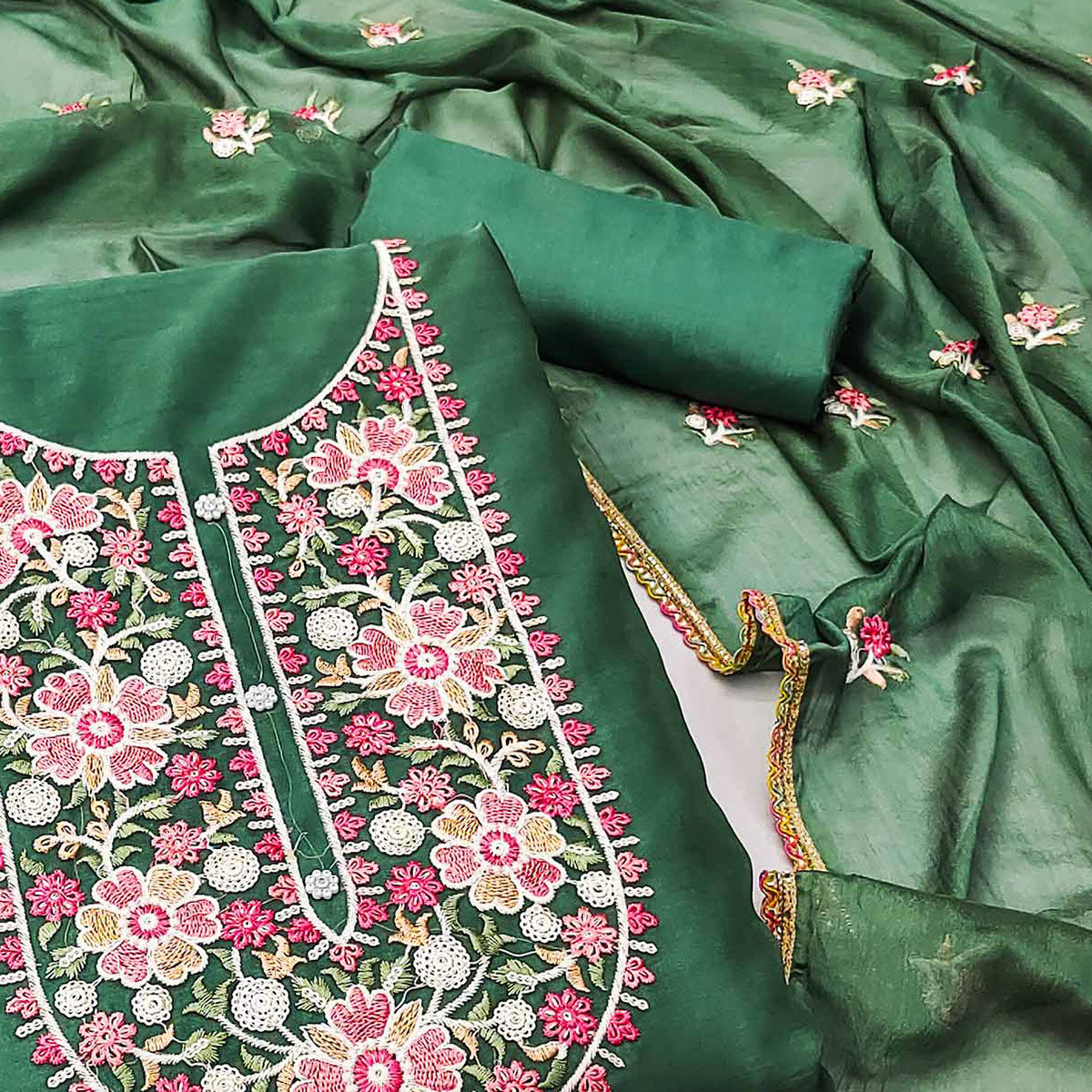 Green Floral Embroidered Organza Dress Material