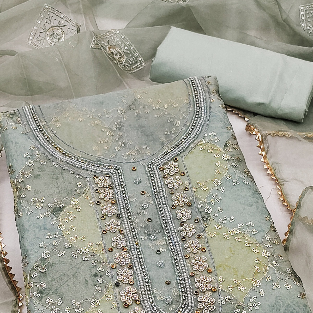 Grey Sequins Embroidered Organza Dress Material