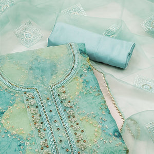Turquoise Sequins Embroidered Organza Dress Material