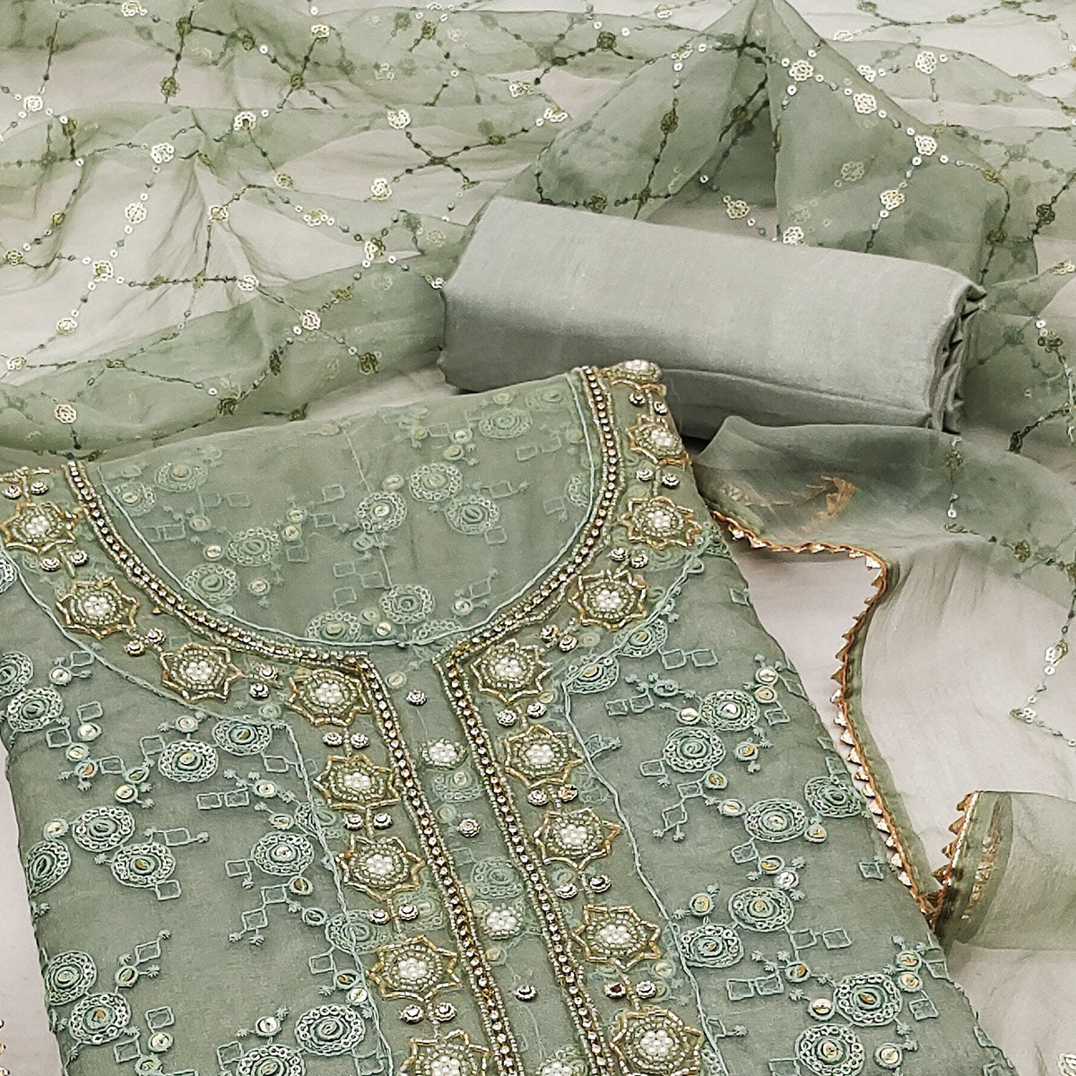 Green Sequins Embroidered Organza Dress Material