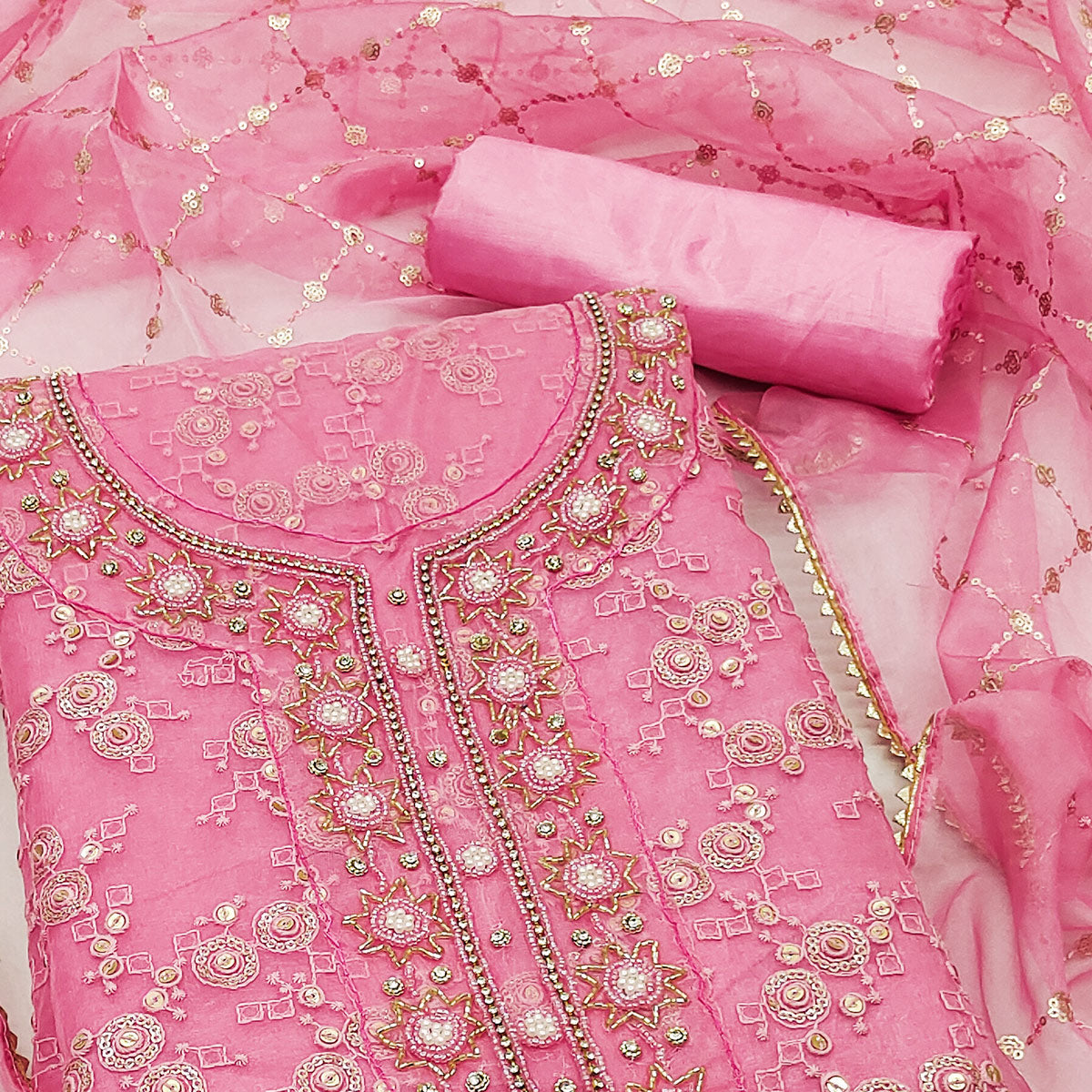 Pink Sequins Embroidered Organza Dress Material