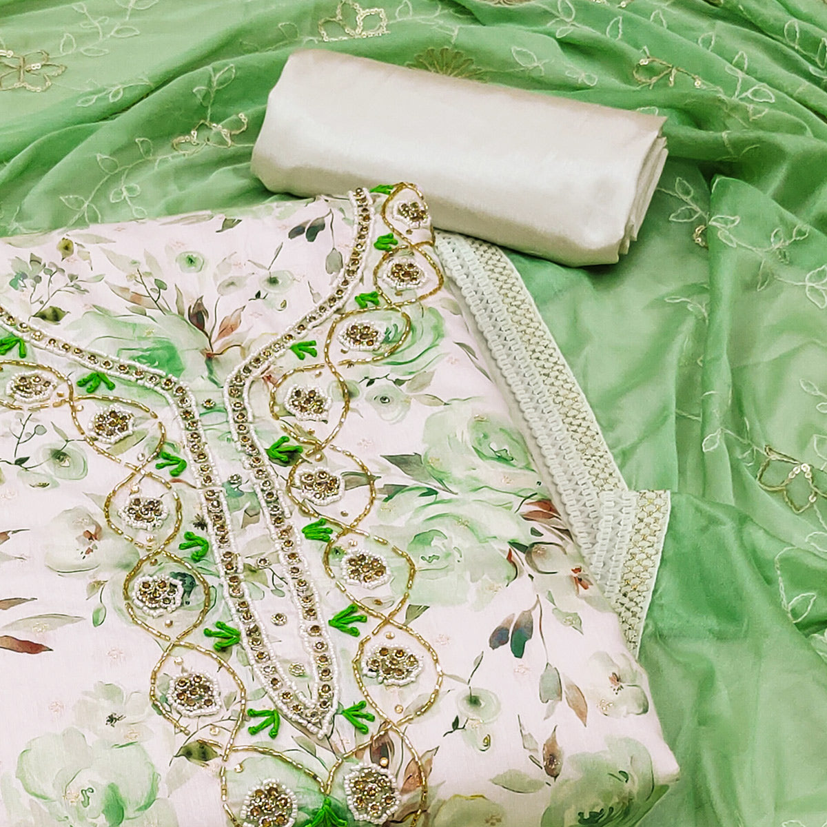 Cream & Green Floral Digital Printed With Handwork Chanderi Silk Dress Material