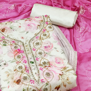 Cream & Pink Floral Digital Printed With Handwork Chanderi Silk Dress Material