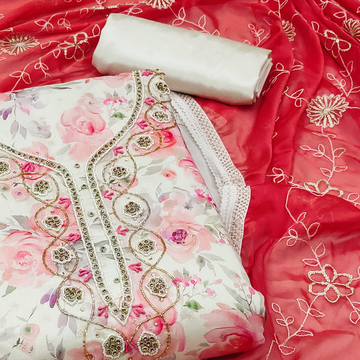 Cream & Red Floral Digital Printed With Handwork Chanderi Silk Dress Material