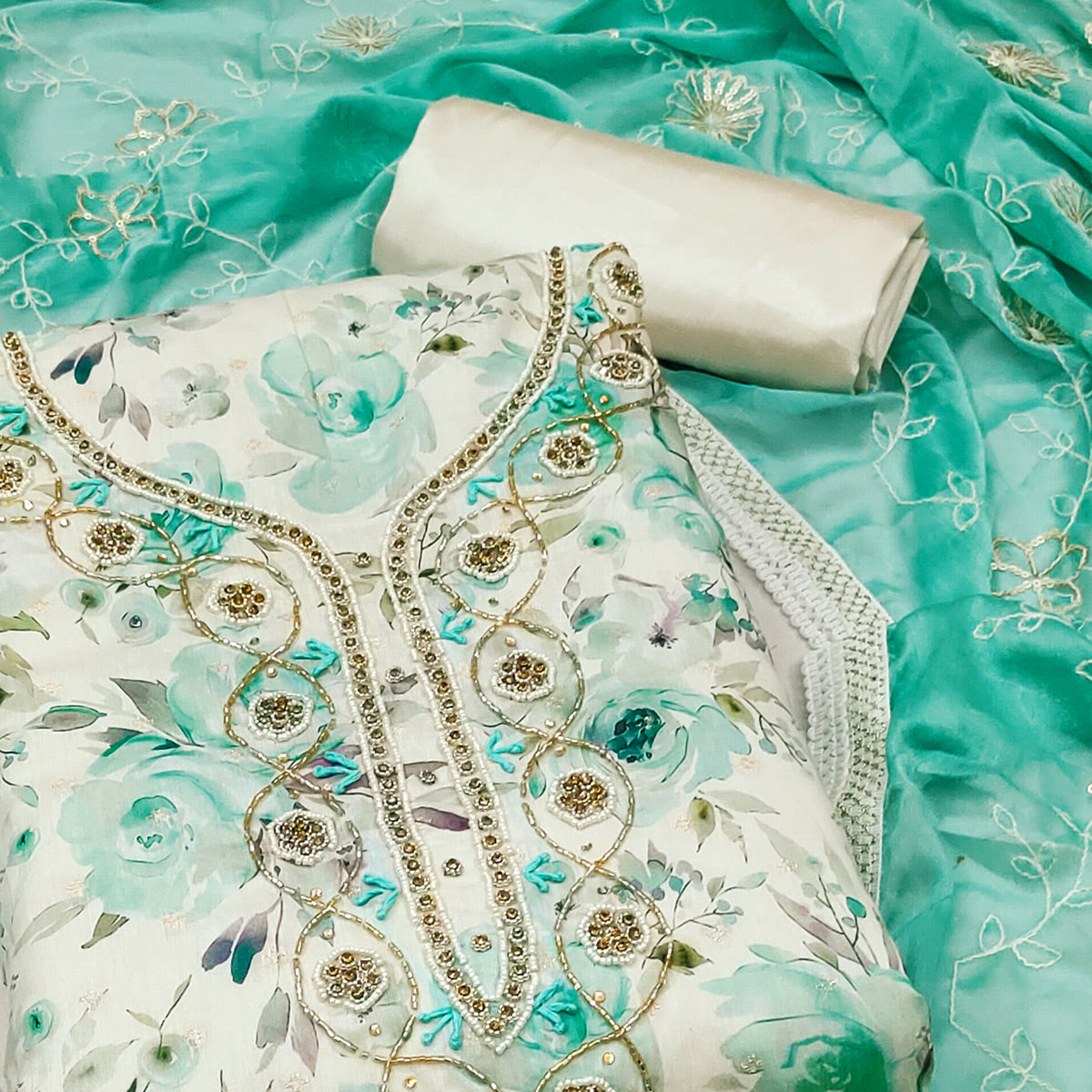 Cream & Turquoise Floral Digital Printed With Handwork Chanderi Silk Dress Material