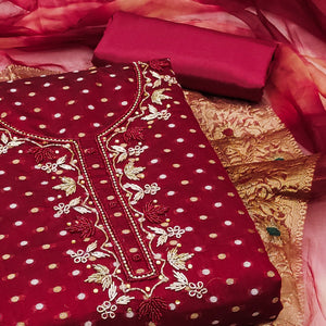 Maroon Woven With Handwork Chanderi Silk Dress Material