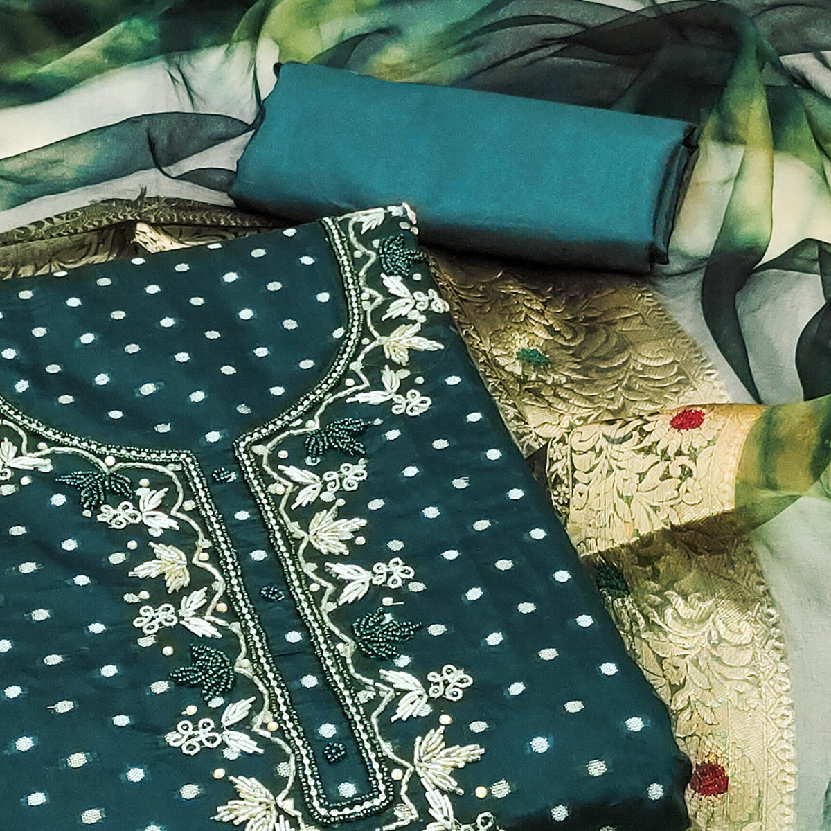 Morpich Woven With Handwork Chanderi Silk Dress Material